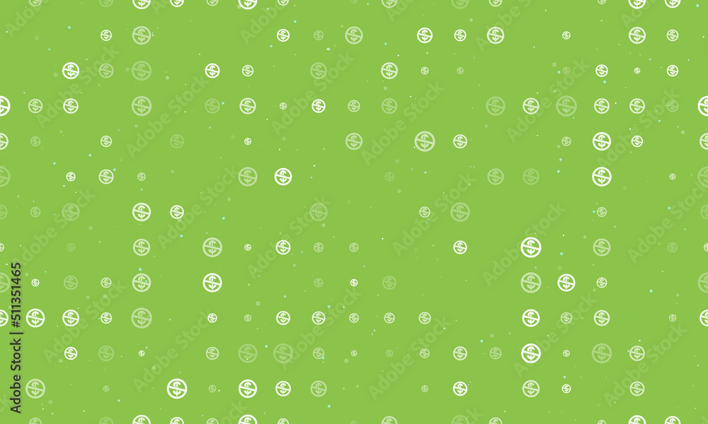 Seamless background pattern of evenly spaced white no dollar symbols of different sizes and opacity. Vector illustration on light green background with stars