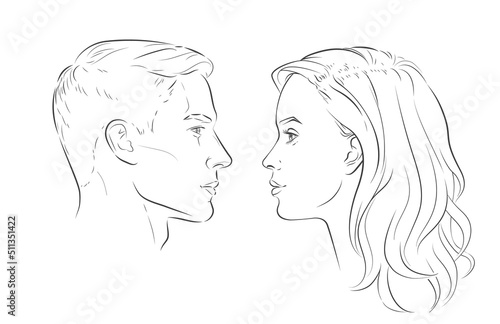 Man and woman faces. Heads face. Portrait of young beautiful girl, boy. Vector line sketch illustration.