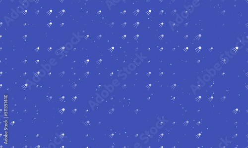 Seamless background pattern of evenly spaced white satellite symbols of different sizes and opacity. Vector illustration on indigo background with stars