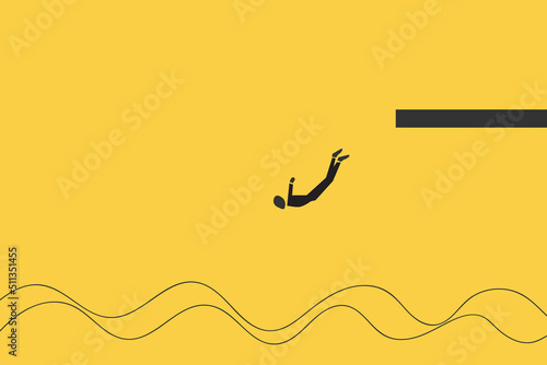 Businessman dive or jump to water pool from springboard. Symbol of new job, success, ambition and motivation