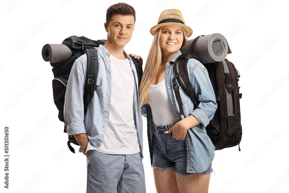 Happy young male and female backpackers
