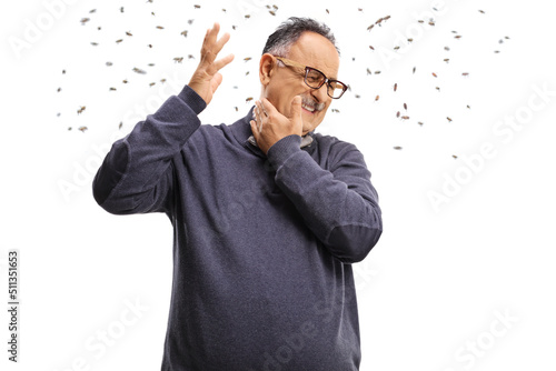Swarm of bees attacking a mature man