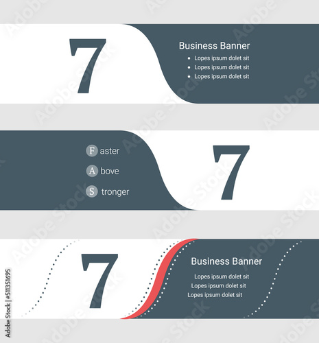 Set of blue grey banner, horizontal business banner templates. Banners with template for text and number seven symbol. Classic and modern style. Vector illustration on grey background