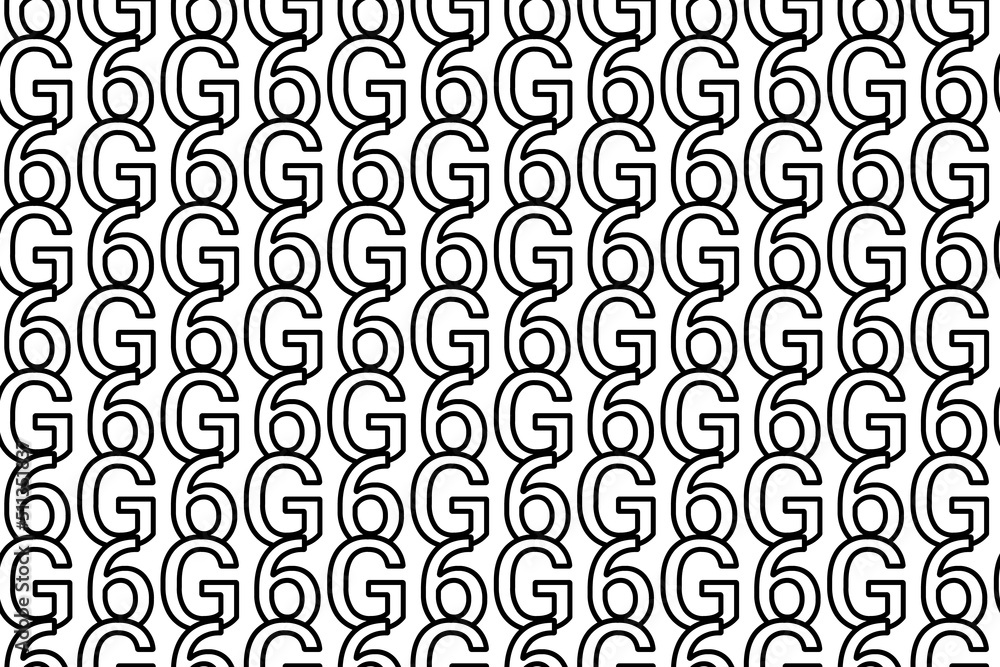 Seamless pattern completely filled with outlines of 6G symbols. Elements are evenly spaced. Vector illustration on white background