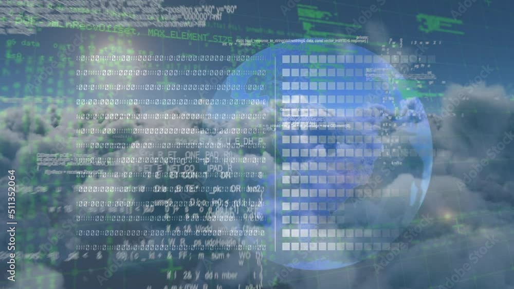 Animation of digital data processing over cloudy sky Animation of digital data processing over cloudy sky