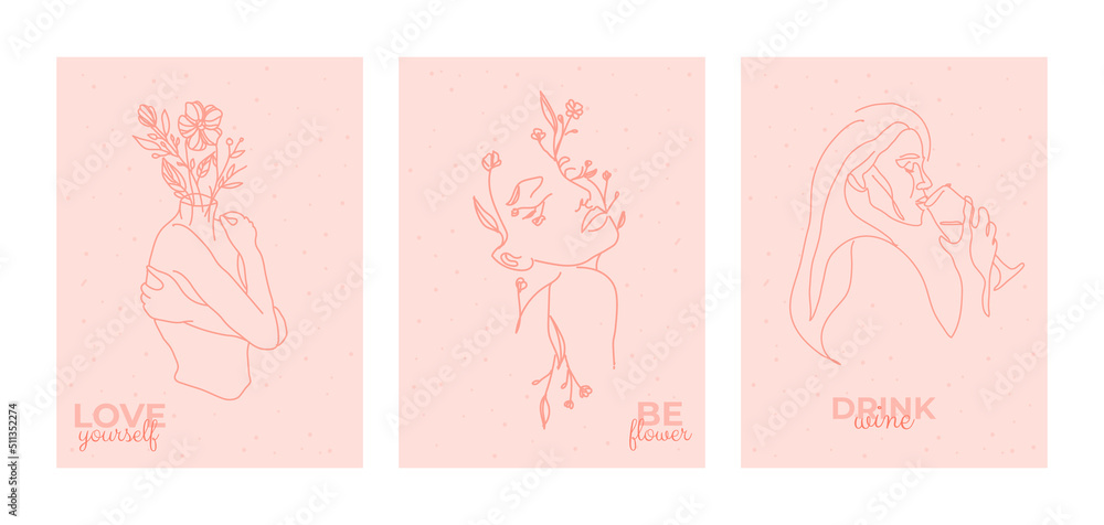 Set of line face poster with different text. Modern abstract line minimalistic women faces arts. Different woman faces. One line art. Vector illustrations design