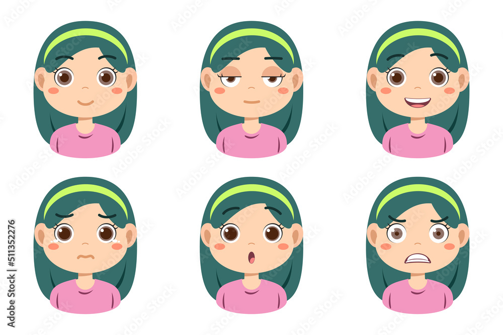 Collection of face expressions cute children cartoon character design. Different emotions girl Vector illustration. Face of smiling, crying, anger, surprise, indifferent isolated on white background. Collection of face expressions cute children cartoon character design. Different emotions girl Vector illustration. Face of smiling, crying, anger, surprise, indifferent isolated on white background.