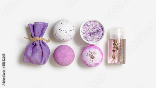 фотографія Spa products with natural lavender essential oils, bath salt, scented bag, bath bombs, aroma water