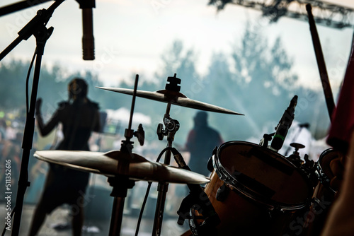 Foto Details of a drum kit at a rock concert, Close-up of crash and hi-hat