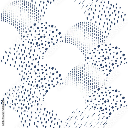 Vector illustration. Children's drawing. Spotted white and blue background. Geometric abstract pattern of hand-drawn shapes. Filled and linear organic forms.