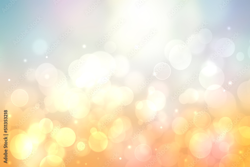 Hello spring background. Abstract delicate bright spring or summer landscape texture with natural yellow white bokeh lights, sunshine and blue sky. Beautiful backdrop with space.