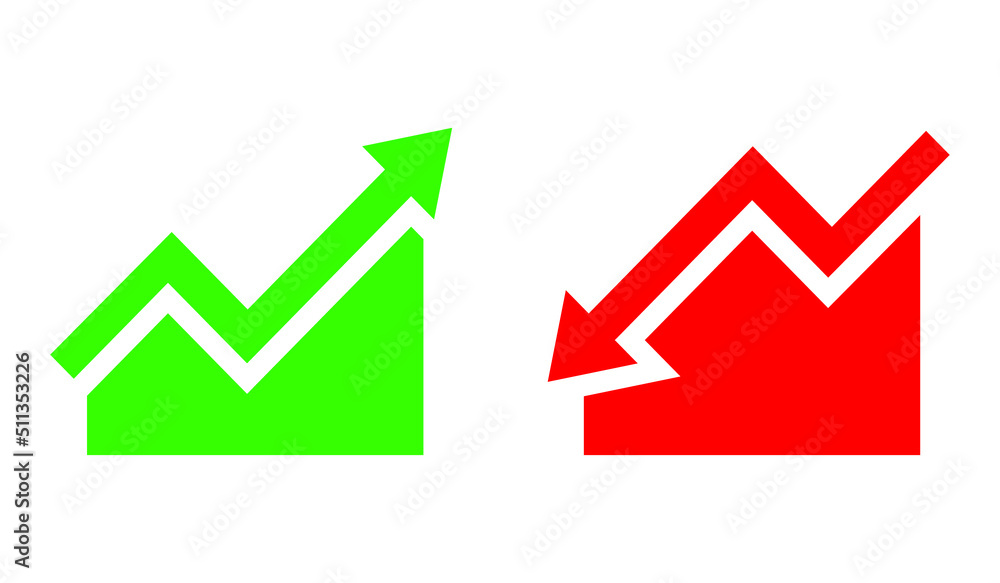 Graph going Up and Down sign with green and red arrows vector. Flat design vector illustration concept of sales bar chart symbol icon with arrow moving down and sales bar chart with arrow moving up. Graph going Up and Down sign with green and red arrows vector. Flat design vector illustration concept of sales bar chart symbol icon with arrow moving down and sales bar chart with arrow moving up.