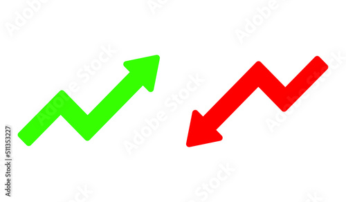 Graph going Up and Down sign with green and red arrows vector. Flat design vector illustration concept of sales bar chart symbol icon with arrow moving down and sales bar chart with arrow moving up. 