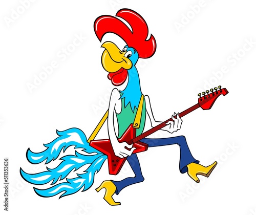 Cartoon cockerel defiantly performs music on the electric guitar. Cartoon rooster with a guitar. Funny cartoon rooster musician with a big red comb. Vector color illustration isolated on white.