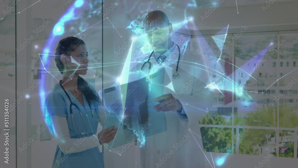 Animation of connections and globe over diverse female and male doctors talking Animation of connections and globe over diverse female and male doctors talking