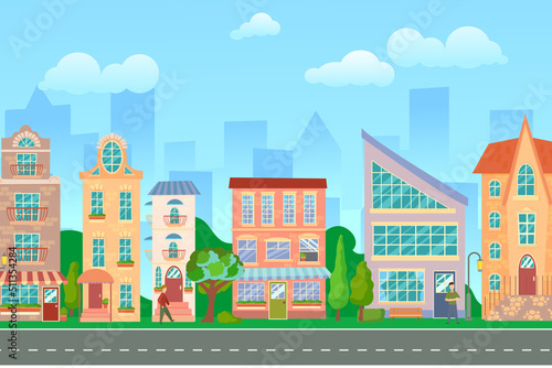 City street. Panoramic cityscape with bright houses, walking pedestrians. Shop and stores. Summer city. Vector illustration in cartoon style. © Oksana
