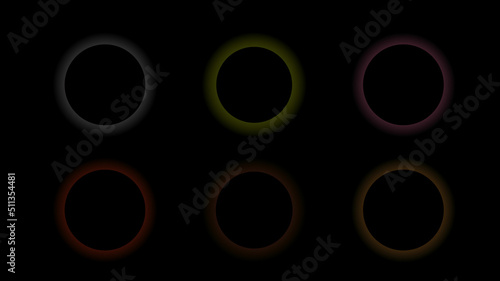 Neon light circle frame of set on black background. Glowing borders isolated with vector light effect. Bright illuminated shape.