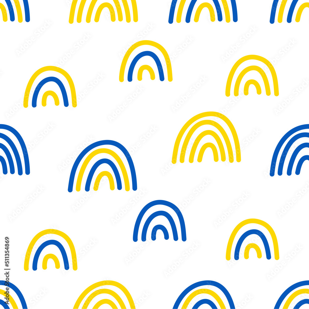Rainbow with Ukraine flag colors seamless pattern on white background for fashion print, wallpaper, gift wrapping paper etc. Rainbow with Ukraine flag colors seamless pattern on white background for fashion print, wallpaper, gift wrapping paper etc.