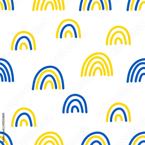 Rainbow with Ukraine flag colors seamless pattern on white background for fashion print, wallpaper, gift wrapping paper etc.