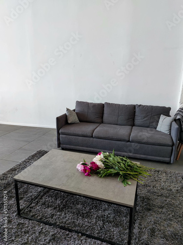 sofa near the white wall of a bright living room with a table in a modern house or apartment. Home interior with carpet on the floor