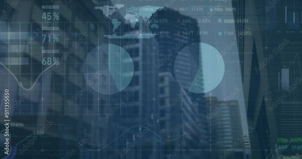 Animation of financial data processing over cityscape Animation of financial data processing over cityscape