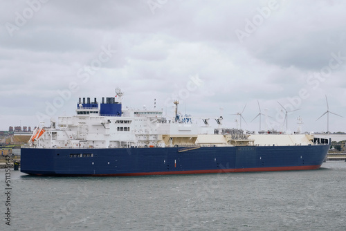 Liquified natural gas carrier. Methane Gas Carrier in the dutch port. Russian LNG carrier Georgiy Ushakov. LNG tanker during cargo operations.