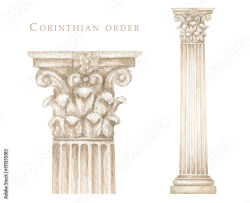 Photography Watercolor antique corinthian column, Ancient Classic Greek Corinthian order, Ro