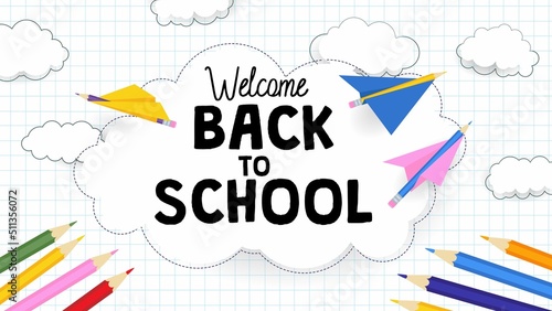 Back to school banner with paper airplanes and clouds. Cartoon vector illustration