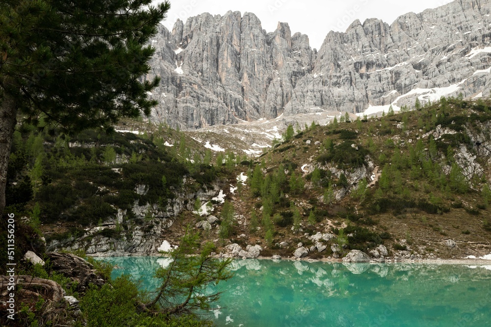 The mountains surrounding Lake Sorapis, Dolomites, Italy. Europe. 