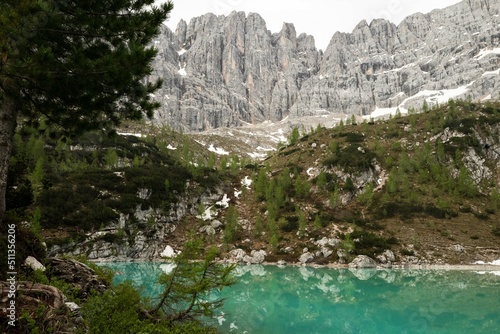 The mountains surrounding Lake Sorapis  Dolomites  Italy. Europe. 