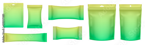 Set of realistic doy pack mockups. Green and yellow gradient flow pack, sachet, zip bag, and doypack. Ice cream wrapper. Lime sheet mask sachet.