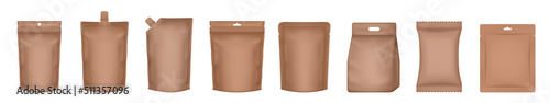 Set of realistic doy pack mockups. Brown flow pack, sachet, zip bag and doypack. Sheet mask sachet. Coffee, sause or candy packaging. Laundry detergent