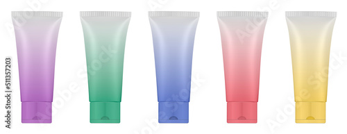 Set of multicolored gradient tubes. 3d mockup. Rainbow palette. Purple, blue, green, yellow and red colors. Hand cream, mask or lotion. Professional shampoo. Plastic bottle.