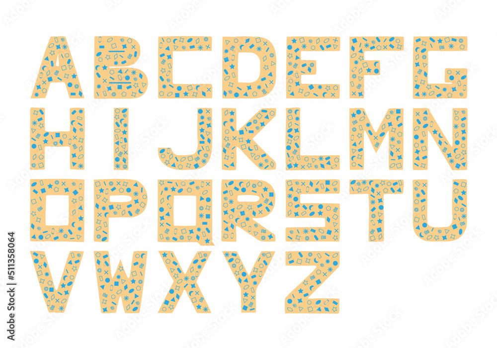 Golden English alphabet with blue different characters inside the letters. Hand Drawn. Freehand drawing. Doodle. Sketch. Golden English alphabet with blue different characters inside the letters. Hand Drawn. Freehand drawing. Doodle. Sketch.