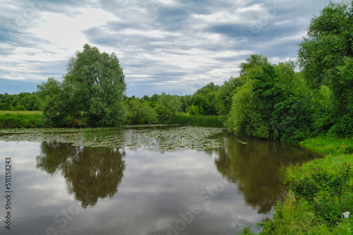Fototapeta Naklejka Na Ścianę i Meble -  Summer landscape with river and blue sky, landscape with river and clouds