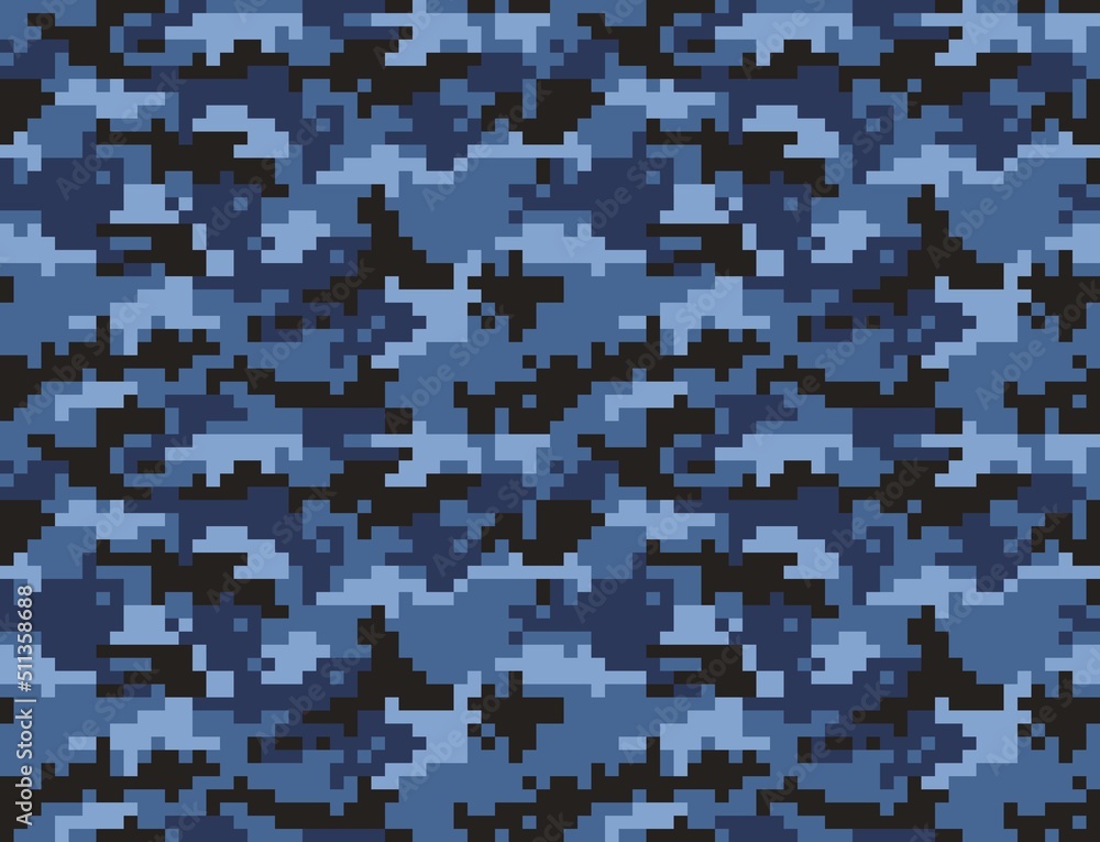 Fototapeta premium Blue pixel camo vector seamless background, army texture, fashion print for textiles. Ornament