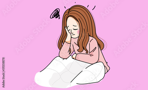 Loneliness depression woman awake in night unhappy sleeplessness concept cartoon hand-drawn cartoon art illustration Free Vector