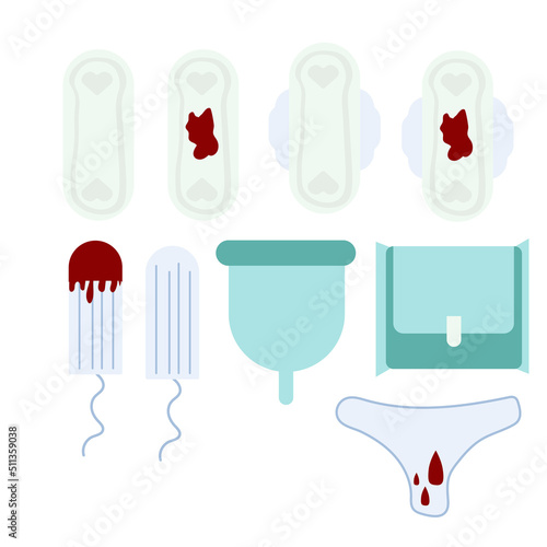  Menstruation. Modern flat vector cartoon set with tampons  pads  uterus and flowers. Feminine hygiene