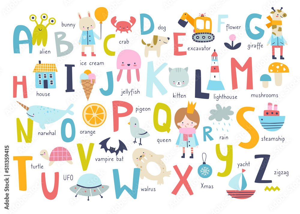 Vettoriale Stock Cute english alphabet for kids. Cartoon abc poster for  nursery with abstract scandinavian art. | Adobe Stock
