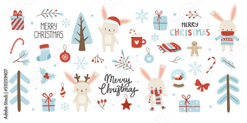 Christmas bunnies set. Winter rabbits collection with lettering. New year stickers bundle.