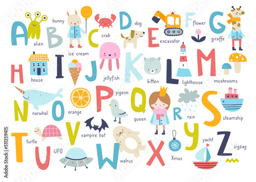Cute english alphabet for kids. Cartoon abc poster for nursery with abstract scandinavian art.