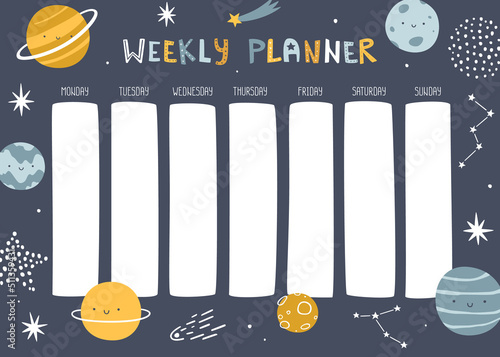 Space weekly planner with cute planets. Scandinavian design of timetable for kids.