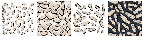 Peanut pod, shell and seeds clipart and background. Groundnut, goober, kabukim, seamless pattern for product packaging print. Hand drawn repeat vector design in abstract trendy style.
