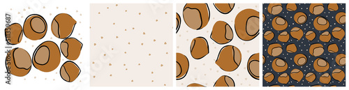Hazelnut clipart and background. Filbert, cobnut, healthy food seamless pattern for product packaging print. Hand drawn repeat vector design in abstract trendy style.