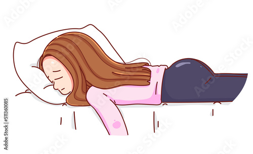 A young woman falling into bed and feeling sad tired and worried suffering depression cartoon hand-drawn cartoon art illustration Free Vector