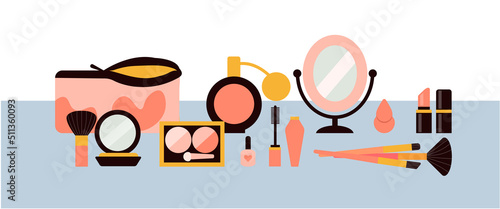 Makeup set and makeup tools flat vector illustration.  decorative cosmetics. Eyes, lips cosmetics. Women purse stuff, lipstick, mascara, shadows, perfume, brush, mirror, sponge, compact powder