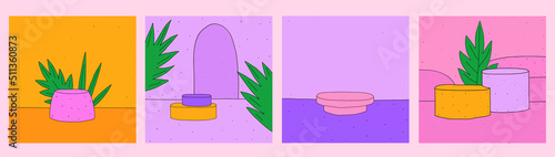 set of round display podium mockup.3d geometric rendering platform concept for background.Abstract minimal scene product presentation.Stand podium and cylinder pedestal.Hand drawn psychedelic card