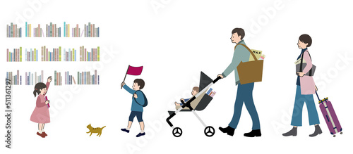 本棚とお出かけする家族とネコのセット