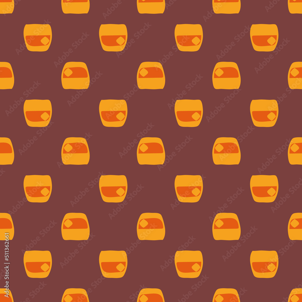 Whiskey glass seamless pattern, great design for any purposes. Doodle style. Hand drawn image. Repeat template. Party drinks concept. Freehand drawing. Cartoon sketch graphic draft