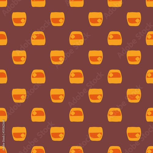 Whiskey glass seamless pattern, great design for any purposes. Doodle style. Hand drawn image. Repeat template. Party drinks concept. Freehand drawing. Cartoon sketch graphic draft